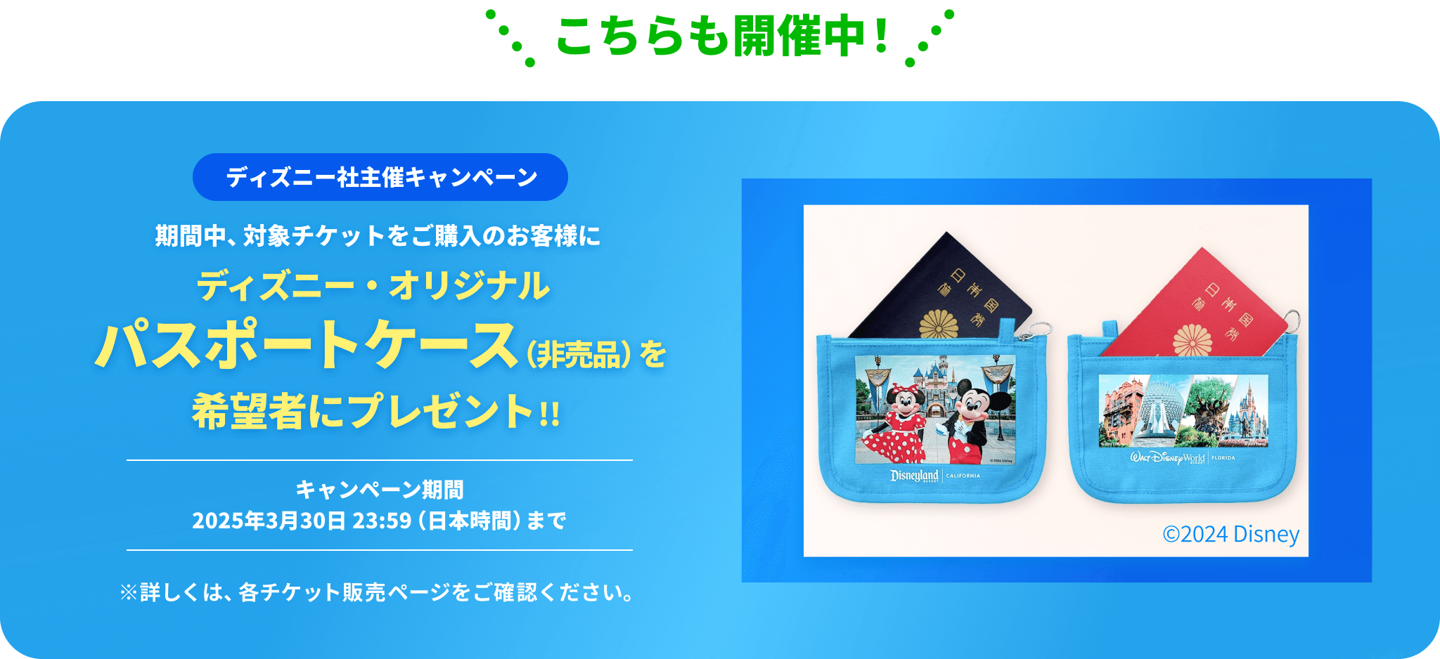 【ディズニー社主催キャンペーン】期間中、対象チケットをご購入のお客様にディズニー・オリジナル パスポートケース（非売品）を希望者にプレゼント!!キャンペーン期間 2025年3月30日 23:59（日本時間）まで ※詳しくは、各チケット販売ページをご確認ください。